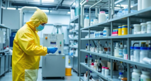 Workers wearing protective suits in chemical and pharmaceutical industries