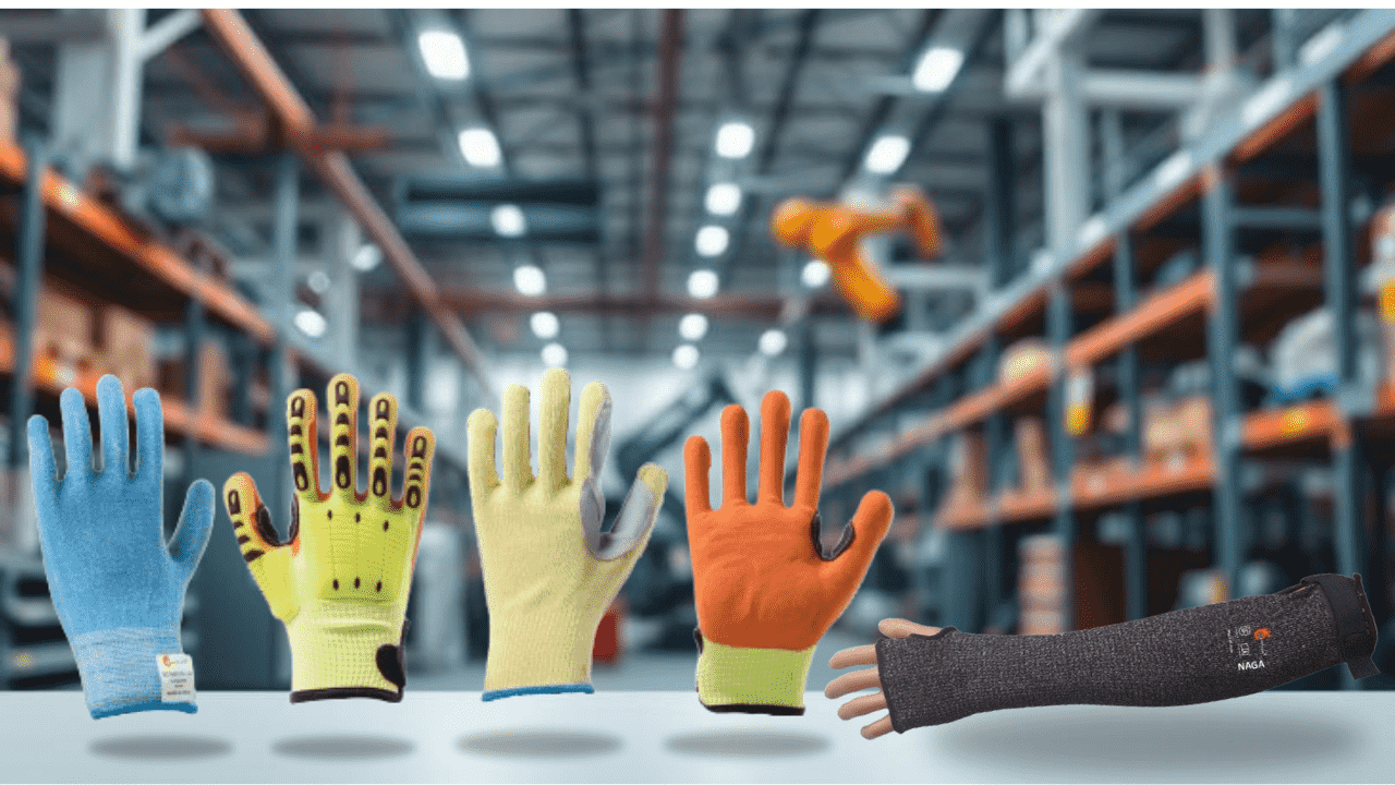 High-quality industrial safety gloves and arm covers displayed on a metal surface, designed for protection against heat, cuts, and chemicals — manufactured by Spectrum Technicals.