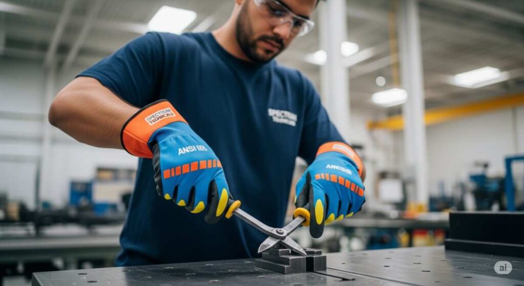 Industrial worker wearing ANSI certified safety gloves in India inside factory