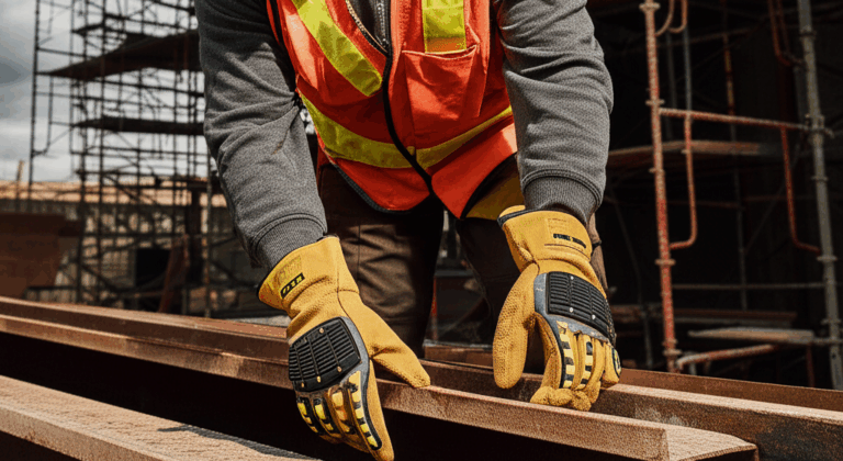 A construction worker wearing yellow impact-resistant gloves is carefully lifting a steel beam on a construction site. Scaffolding and other construction materials are visible in the blurred background, emphasizing workplace safety and hand protection.