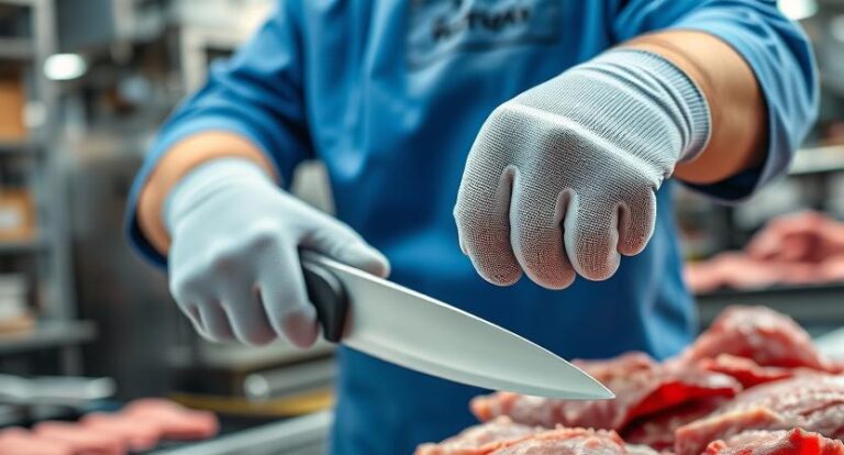 cut-resistant-gloves-food-processing-safety.jpg" alt="Food worker wearing ANSI-rated cut-resistant gloves while slicing meat in an industrial kitchen