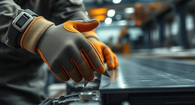 Worker wearing cut resistant gloves while handling metal sheets in a manufacturing facility