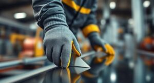 Worker wearing cut-resistant gloves handling sharp metal sheet in industrial setting for maximum hand protection in 2025.