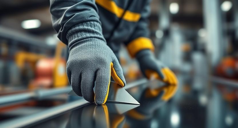 Worker wearing cut-resistant gloves handling sharp metal sheet in industrial setting for maximum hand protection in 2025.