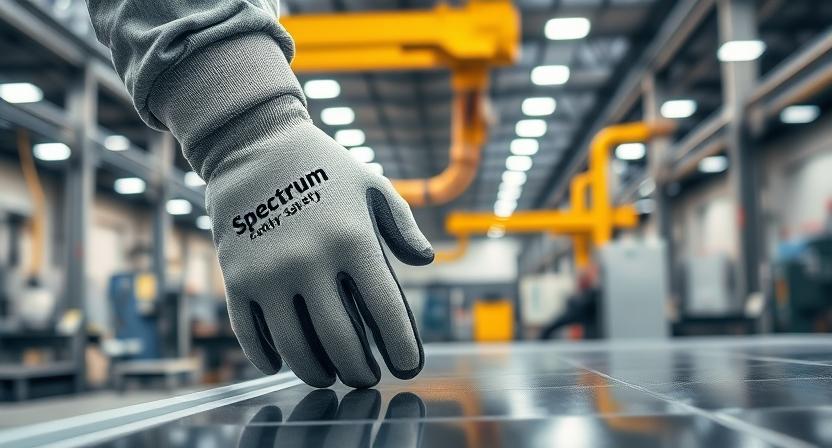 Worker wearing cut resistant gloves by top manufacturer Spectrum Technicals while handling sharp metal sheets