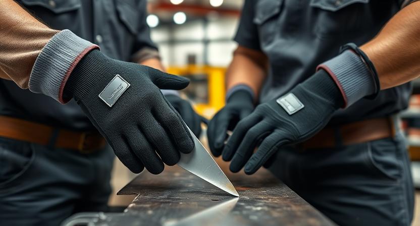 Industrial worker wearing Spectrum’s cut resistant gloves while handling sharp metal edges – trusted cut resistant gloves manufacturer in India.