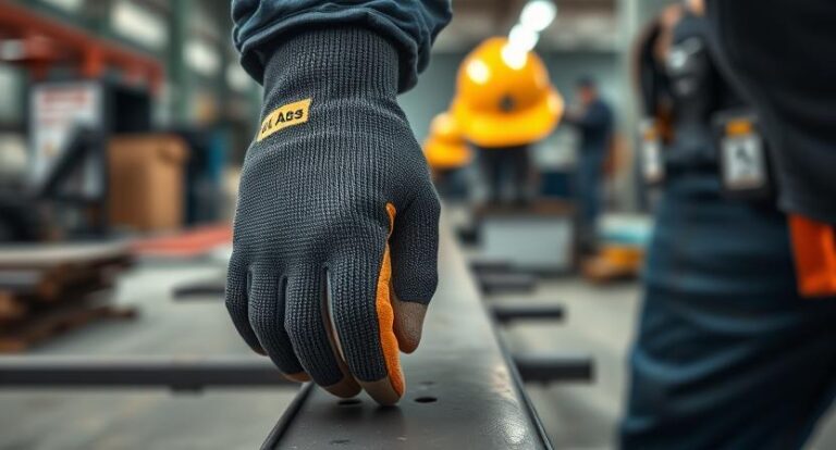 Worker wearing ANSI-rated cut-resistant gloves handling metal in an industrial setting.