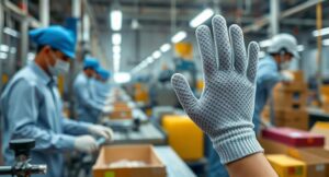 Indian factory workers using dotted knitted gloves for hand protection and grip during manufacturing tasks in 2025