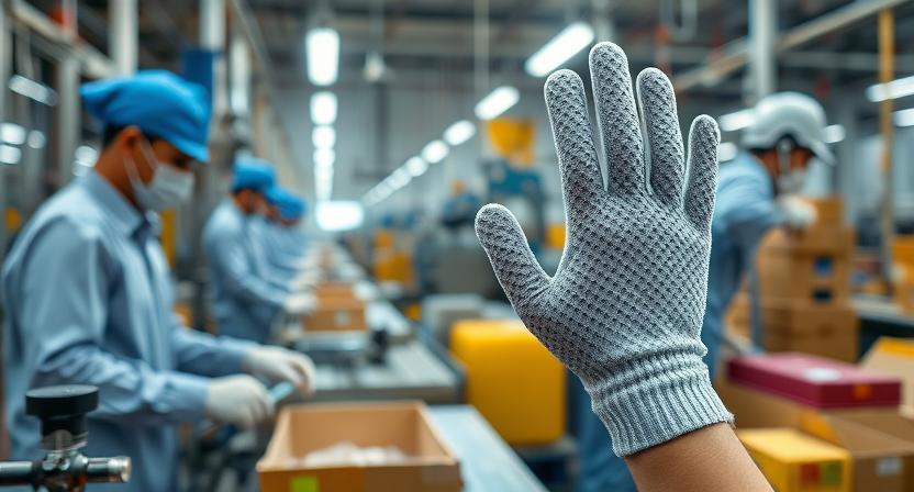 Indian factory workers using dotted knitted gloves for hand protection and grip during manufacturing tasks in 2025