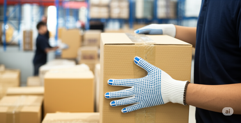Warehouse worker wearing dotted safety gloves from Spectrum Technicals – Trusted supplier for bulk PPE orders