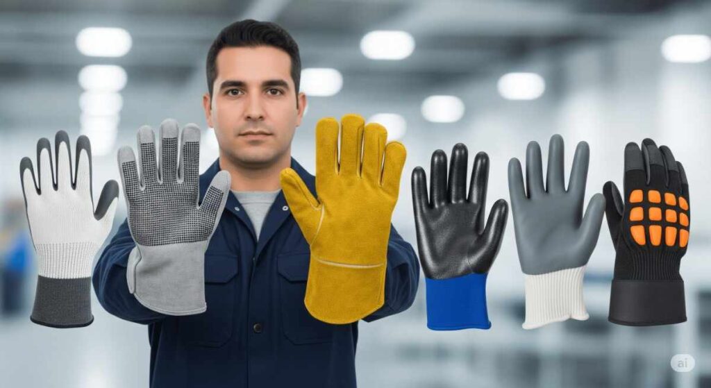 Industrial worker wearing various safety gloves from Spectrum Technicals – India's leading hand protection equipment suppliers