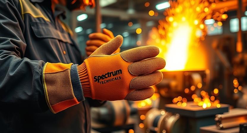 Worker wearing industrial heat resistant gloves handling hot metal – Spectrum Technicals wholesale supply