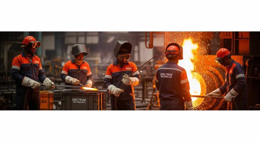 "Workers wearing heat-resistant gloves while handling hot equipment in industrial setting – Spectrum Technicals PPE supplier India"