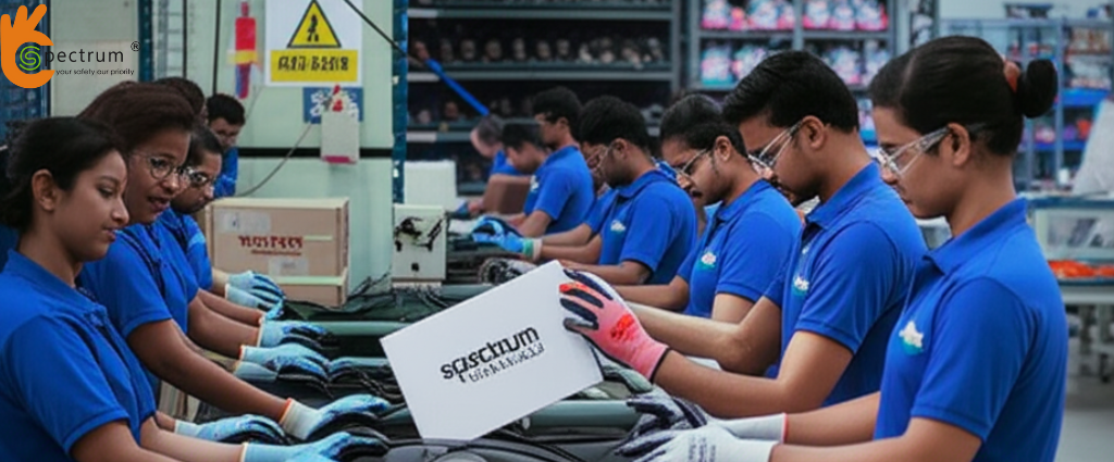 A group of Indian factory workers in a well-lit warehouse wearing various industrial safety gloves including nitrile, leather, and knitted gloves while working with machinery. Safety signage and shelves of packaged gloves are visible in the background. Spectrum Technicals branding is subtly present on a box.