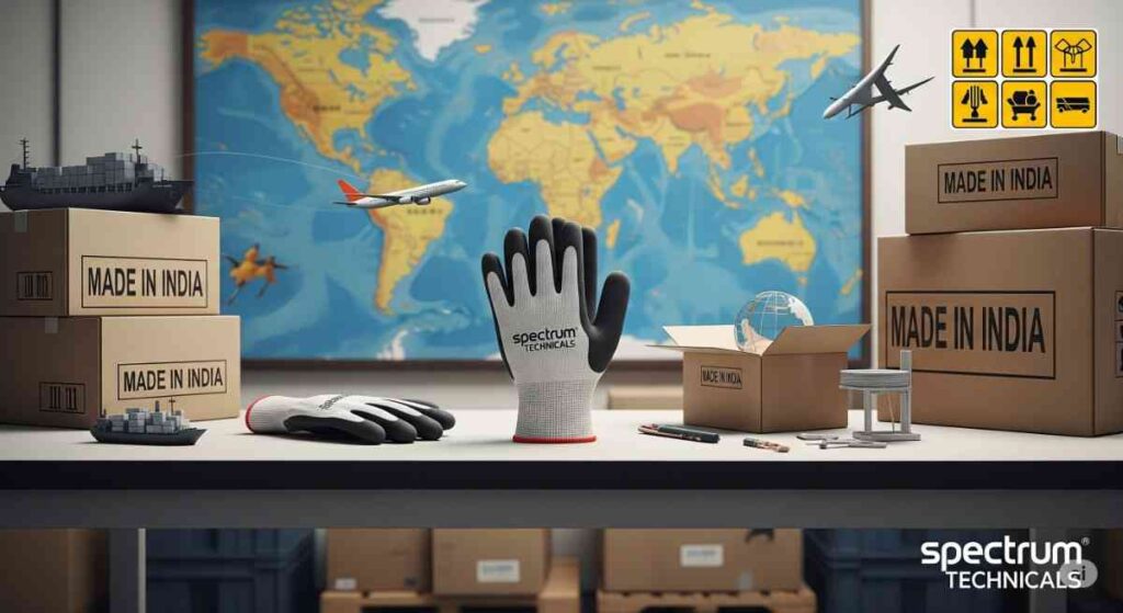 Export-quality industrial gloves by Spectrum Technicals, leading PPE and safety glove exporter from India, with global shipping focus.