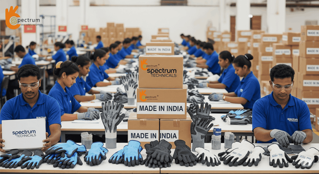 Industrial gloves wholesale in India – workers in factory wearing safety gloves by Spectrum Technicals