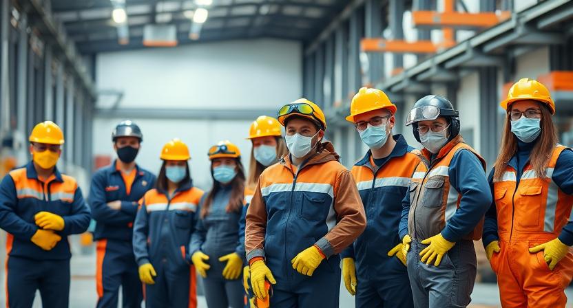 Industrial workers wearing PPE gear including gloves, coveralls, and goggles at a modern facility – Spectrum Technicals safety equipment