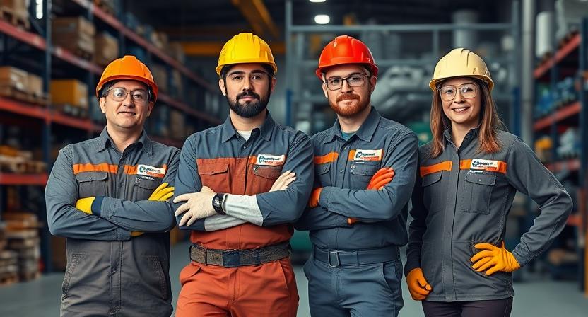 Factory workers wearing BIS-certified industrial safety gear including gloves, coveralls, and goggles, manufactured by Spectrum Technicals