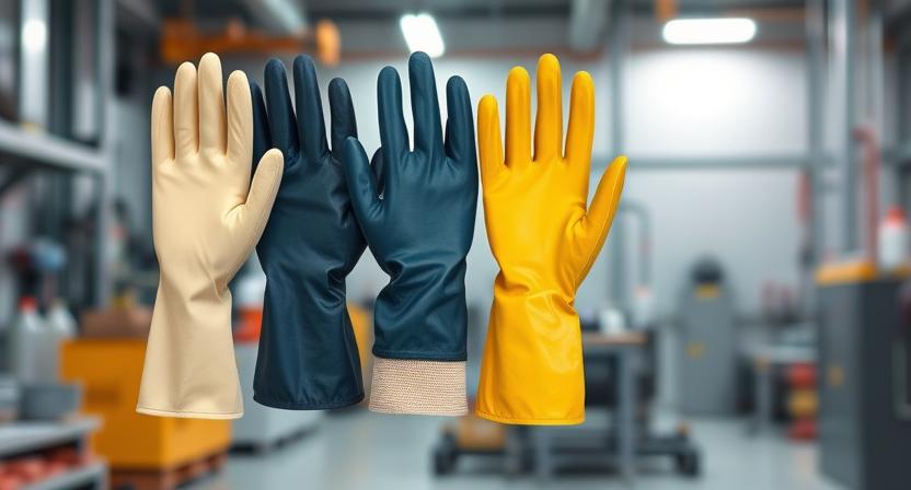 Comparison of latex, nitrile and PVC dipped work gloves showing differences in material and texture for industrial safety