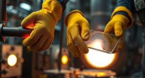 Worker wearing Surya Series para-aramid gloves handling hot metal and sharp materials in industrial setting for heat and cut protection.
