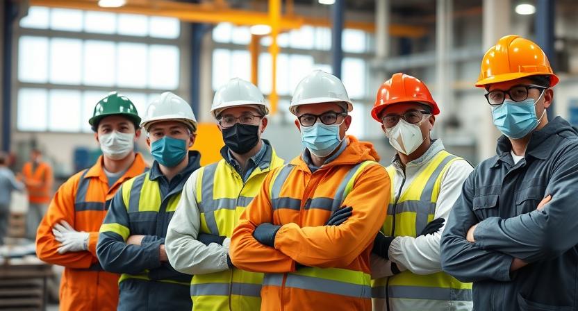 Factory workers wearing certified PPE including gloves, goggles, masks, and protective suits in an industrial environment