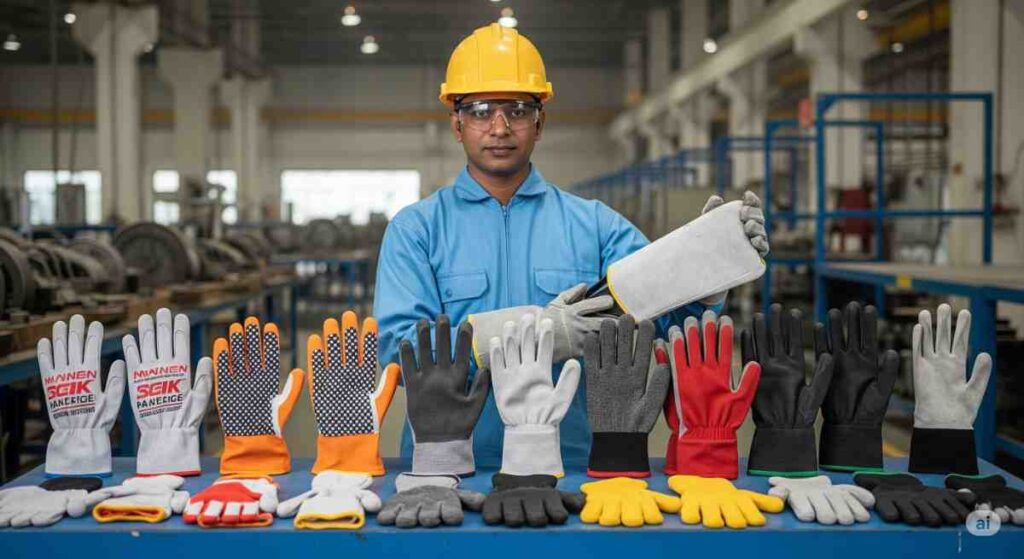 Assorted PPE hand protection equipment including heat-resistant, impact-resistant, and chemical-resistant industrial gloves by Spectrum Technicals – trusted PPE supplier in India.