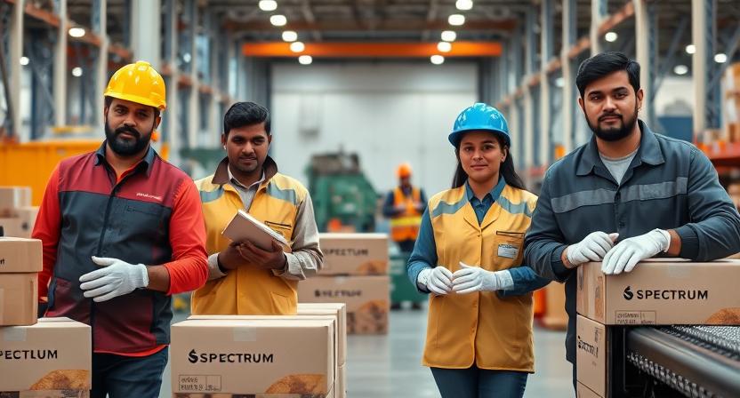 Industrial workers in India wearing PPE hand protection gloves supplied by Spectrum