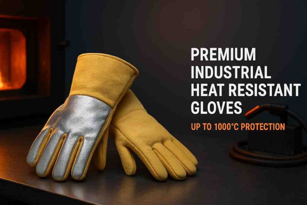 Premium industrial heat resistant gloves with aluminized palm placed near a furnace for 1000°C protection
