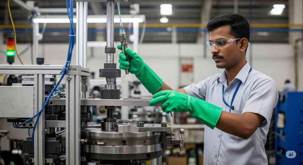 Industrial worker using certified safety gloves in a Maharashtra manufacturing plant – Spectrum Technicals PPE supplier