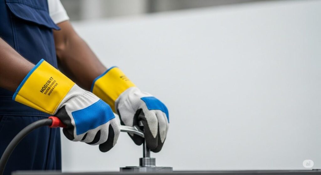 Factory worker wearing industrial safety gloves in Maharashtra, India – certified protective gear by Spectrum Technicals.