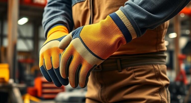 Worker wearing different types of safety gloves – cut-resistant, nitrile-coated, impact-resistant, and leather gloves – at an industrial site with steel and construction background