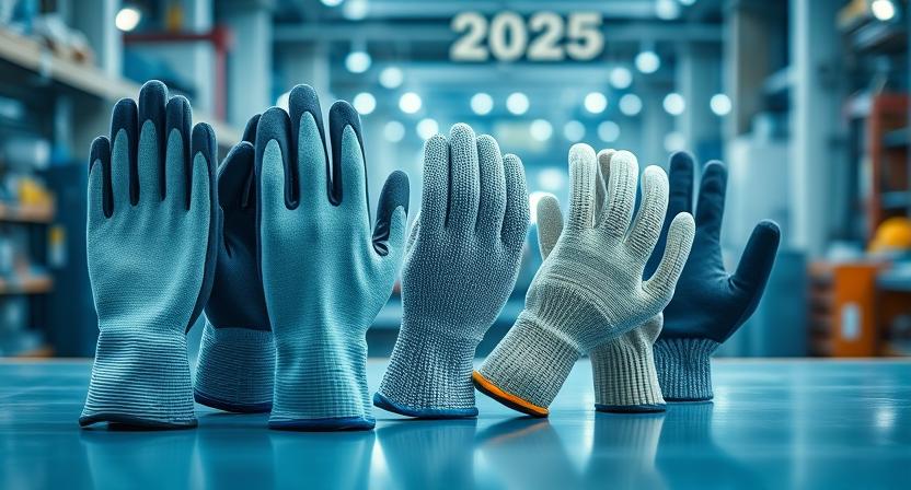 Top 7 industrial safety gloves for hand protection in 2025 including cut-resistant, nitrile, and impact-resistant gloves on an industrial workbench