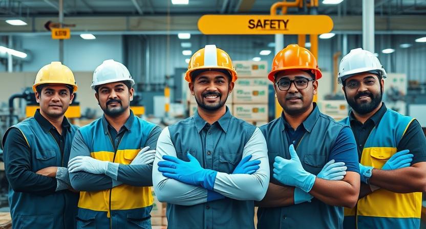 A professional industrial setting featuring Indian workers using nitrile, latex, and PU-coated gloves while handling machinery and materials. Showcases Spectrum Technicals' commitment to safety and quality in PPE supply.