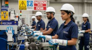 Indian factory worker wearing EN388 certified gloves by Spectrum