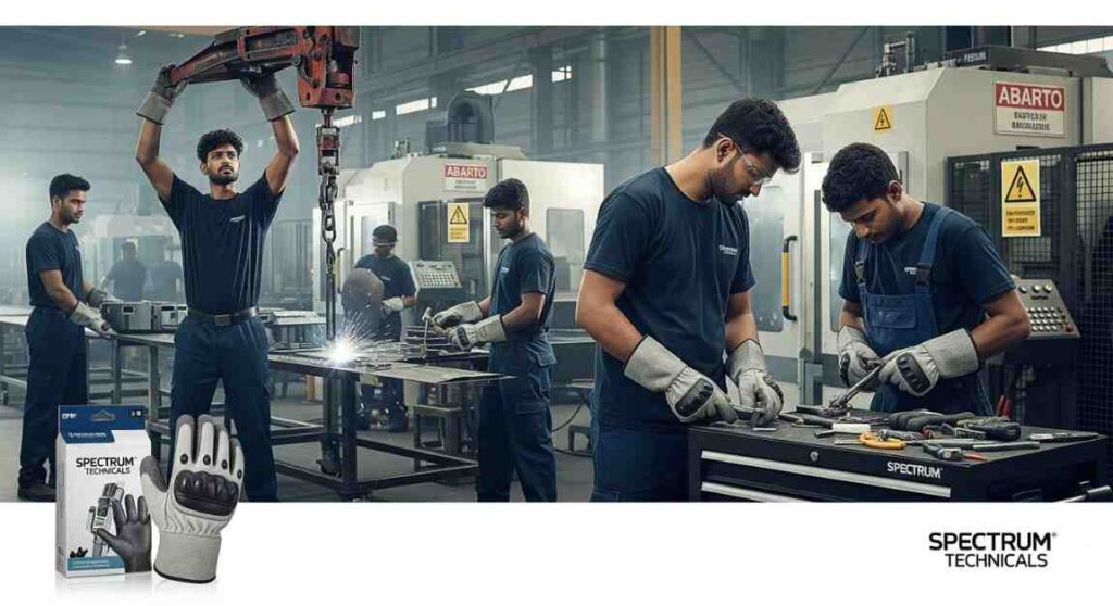Indian industrial workers wearing heavy duty work gloves while operating machinery – Spectrum Technicals