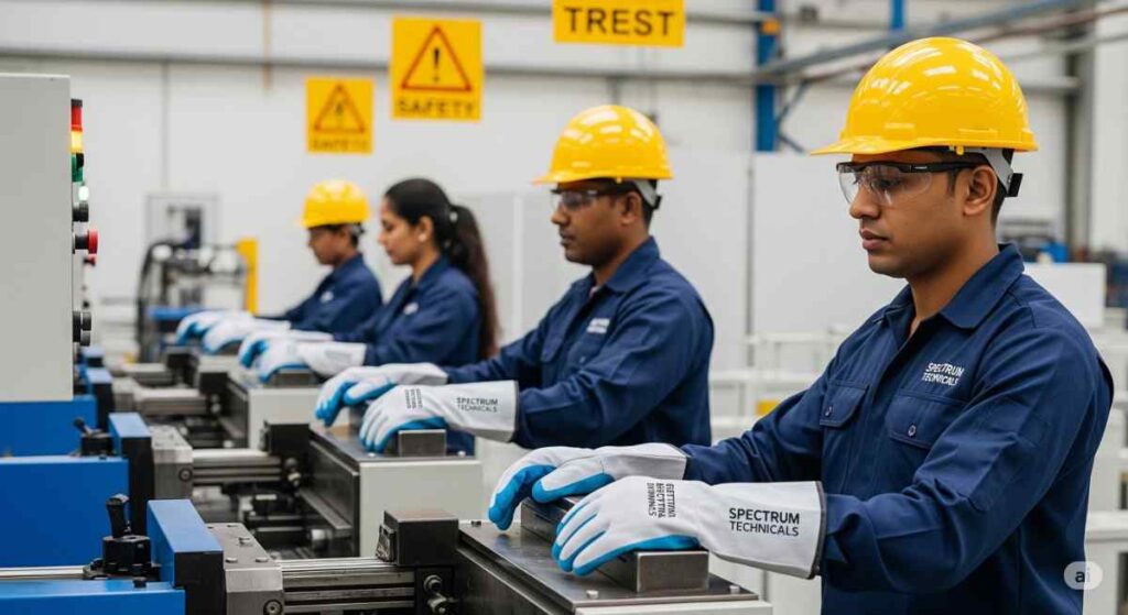 Industrial worker in India wearing protective gloves supplied by Spectrum