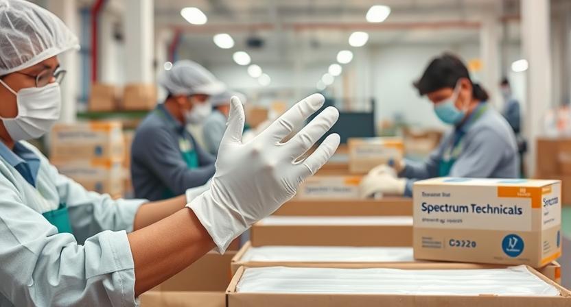 Industrial worker wearing white cotton gloves in Indian factory – Spectrum Technicals, cotton gloves manufacturer India