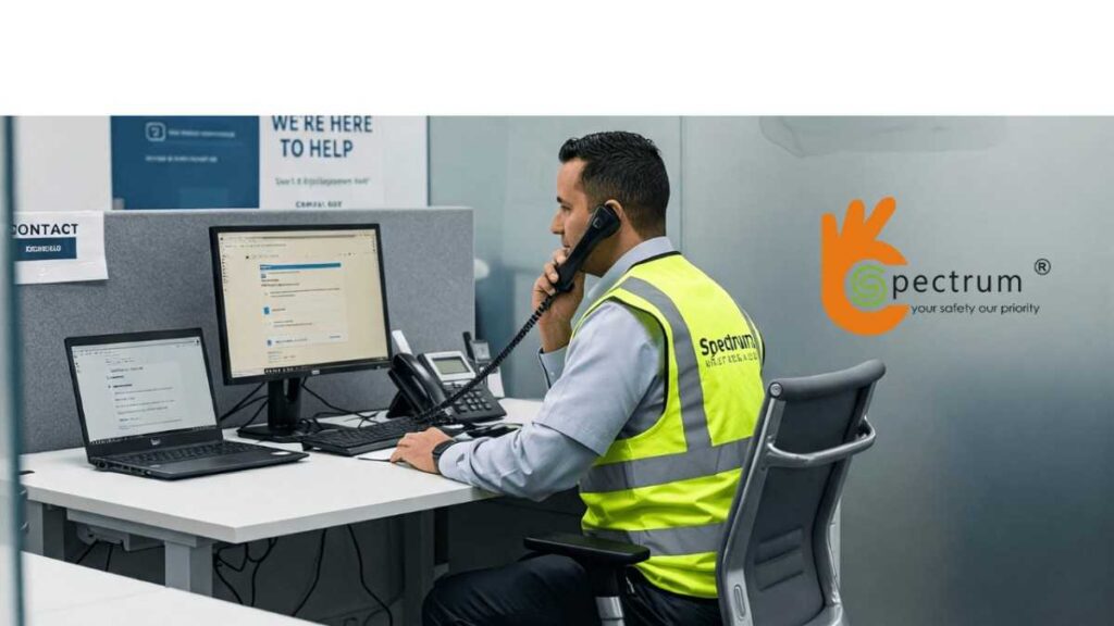 Spectrum support representative assisting a customer in a modern office, representing professional customer service and easy contact options.